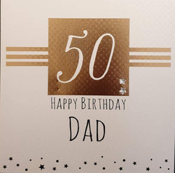 Birthday Card - Dad - 50th Birthday / "50" In Gold Square with Stripes & Stars