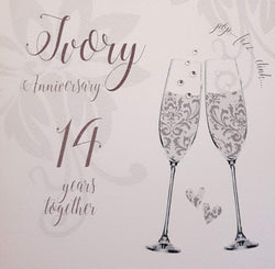 Anniversary Card - Ivory Anniversary - 14 Years Together / Two Champagne Glasses "Clink"