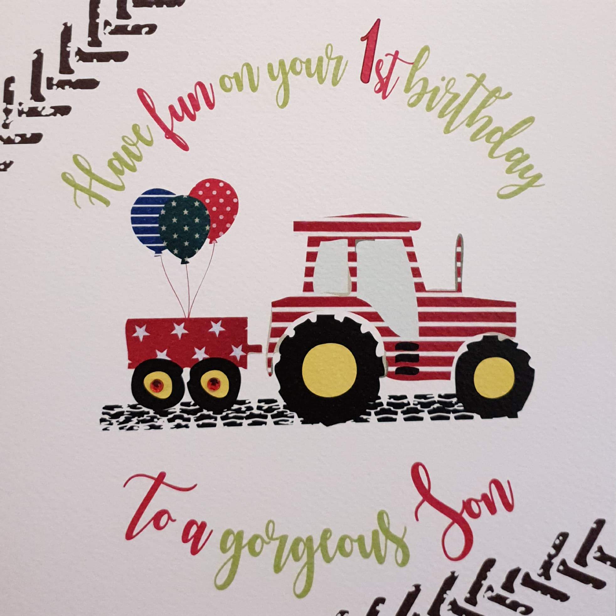 Birthday Card - Son /Red & White Stripy Tractor with Balloons Tied to Trailer