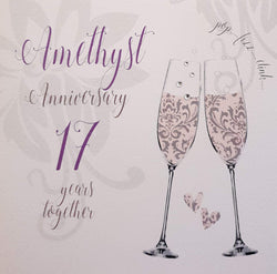 Anniversary Card - Amethyst Anniversary / "17 Years Together" Purple font & Champagne Glasses