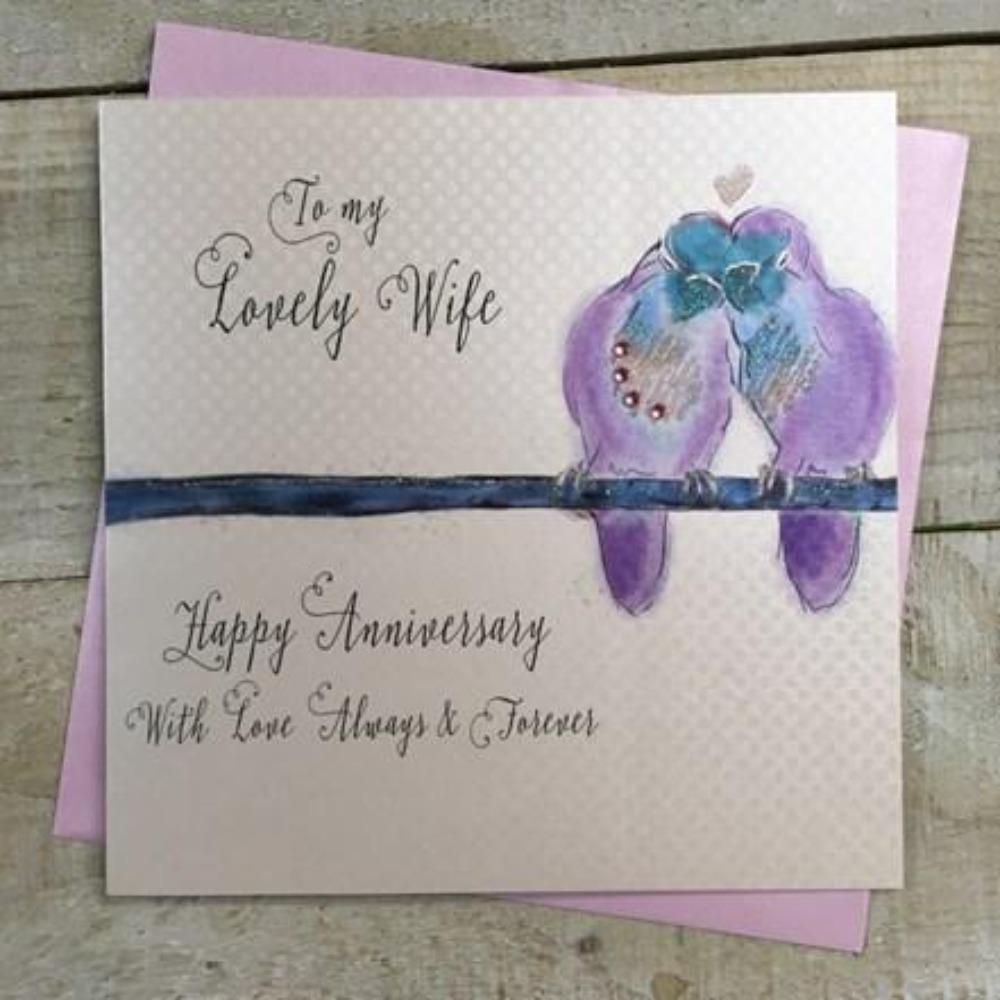 Anniversary Card - Wife / Two Purple Lovebirds On A Branch