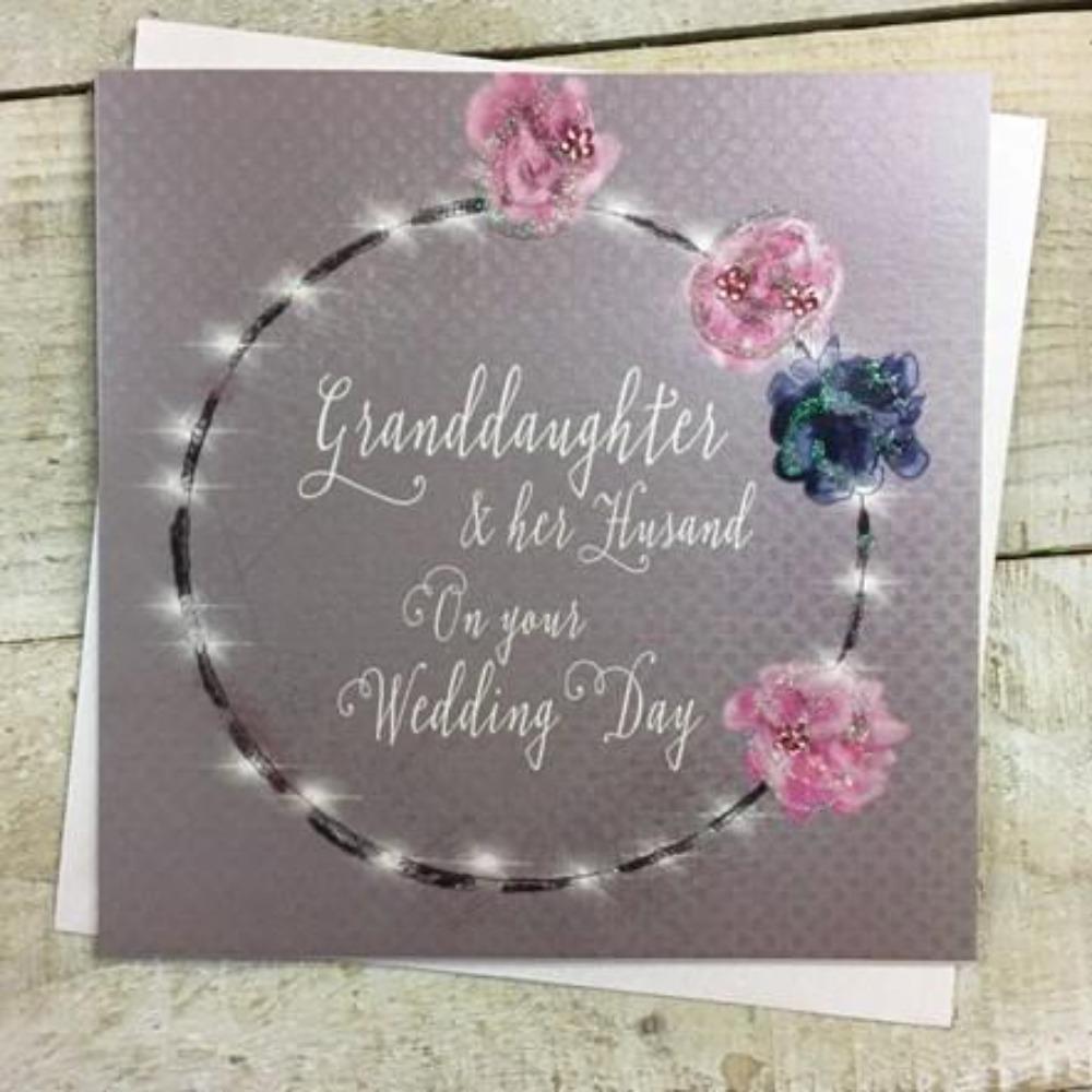 Wedding Card - Granddaughter & Her Husband / Four Pink And Blue Flowers & Fairy Lights