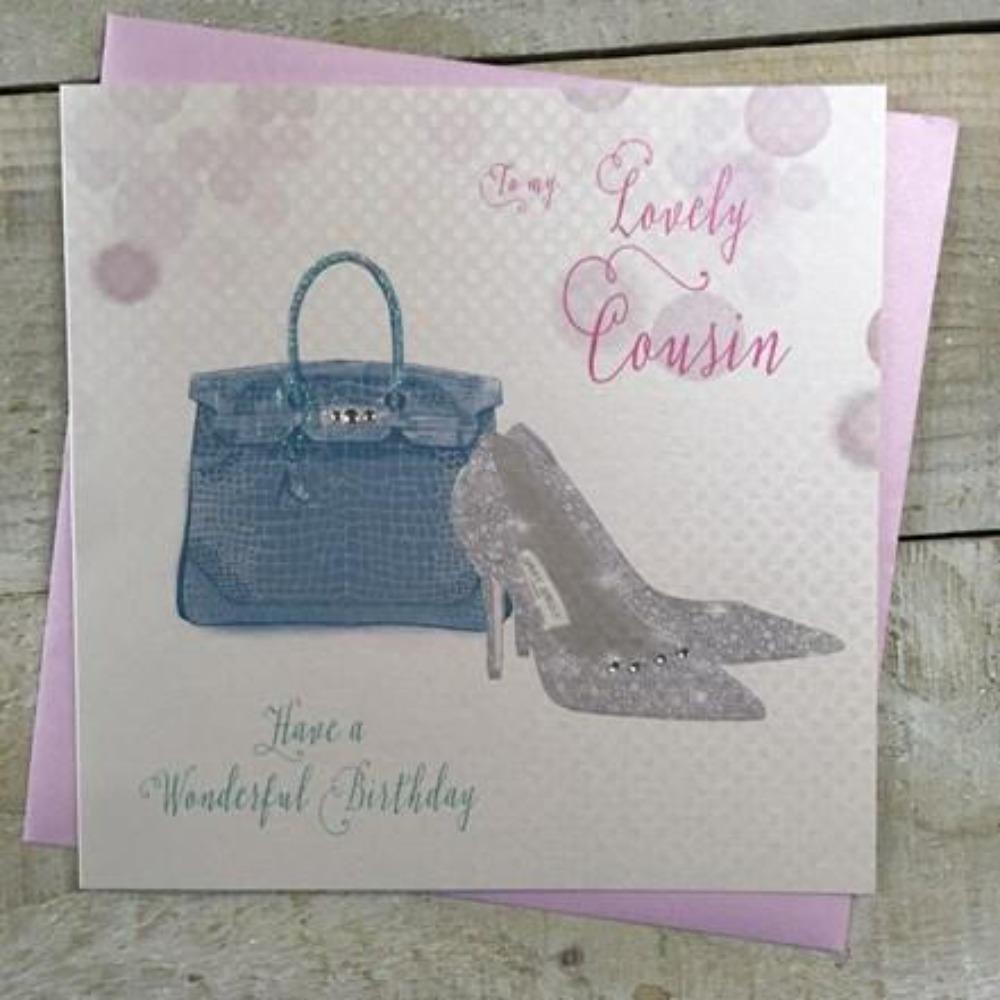 Birthday Card - Cousin / Silver Shoes With Diamonds & A Blue Bag
