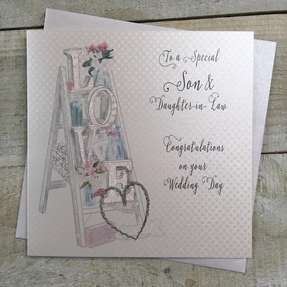 Wedding Card - Son & Daughter In Law / Love And Heart On Stairs