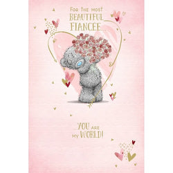 Fiancee Valentines Day Card - You Are My World / Teddy Holding Pink Roses