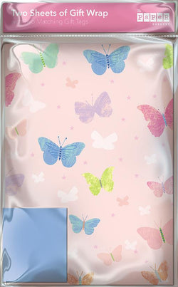 Gift Wrap - Flat Wrap / Butterflies On The Pink Background - Set Of 2 Sheets + 2 Matching Tags