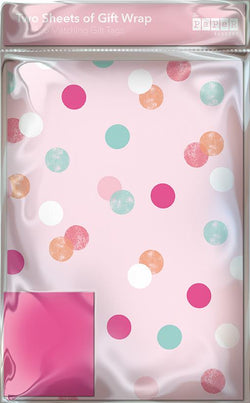 Gift Wrap - Flat Wrap / Spots On Pink Background - Set Of 2 Sheets + 2 Matching Tags