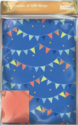 Gift Wrap - Flat Wrap / Blue Background & Colorfull Buntings - Set Of 2 Sheets + 2 Matching Tags