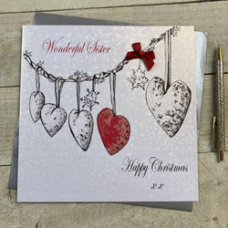 Sister Christmas Card - Hanging Hearts