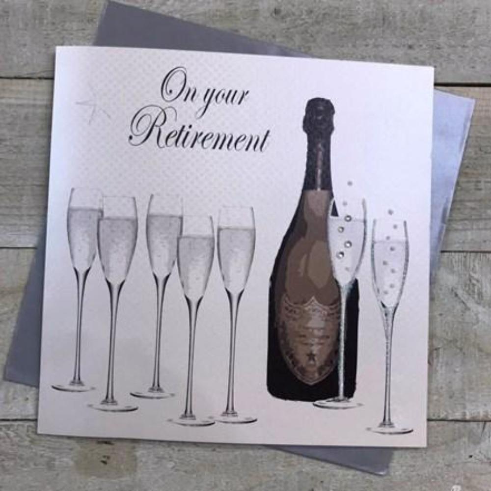 Retirement Card - A Bottle Of Champagne & Seven Glasses  (Large Card)