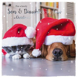 Son And Daughter In Law Christmas Card - Cat And Dog Hats