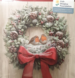 Charity Christmas Card (In Irish & English) - Pack of 8 Large Size / Irish Hospice Foundation - two Birds under a fir wreath
