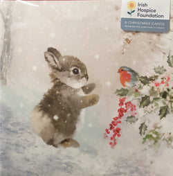 Charity Christmas Card (In Irish & English) - Pack of 8 Large Size / Irish Hospice Foundation - Rabbit and Bird in the Snow
