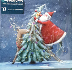 Charity Christmas Card (In Irish & English) - Pack of 8 Small Size / Children's Health Foundation - Santa & Rudolph Decorating Tree