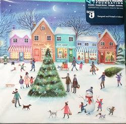 Charity Christmas Card (In Irish & English) - Pack of 8 Small Size / Children's Health Foundation - People Playing in Snow