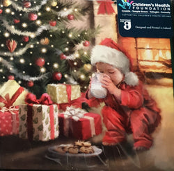 Charity Christmas Card (In Irish & English) - Pack of 8 Small Size / Children's Health Foundation - Child with Milk & Cookies