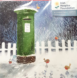 Charity Christmas Card (In Irish & English) - Pack of 8 Small Size / Irish Hospice Foundation - Post Box in the Snow