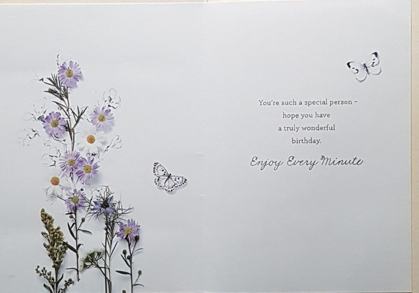Birthday Card - White Butterfly With Purple Flowers On A Pink Background