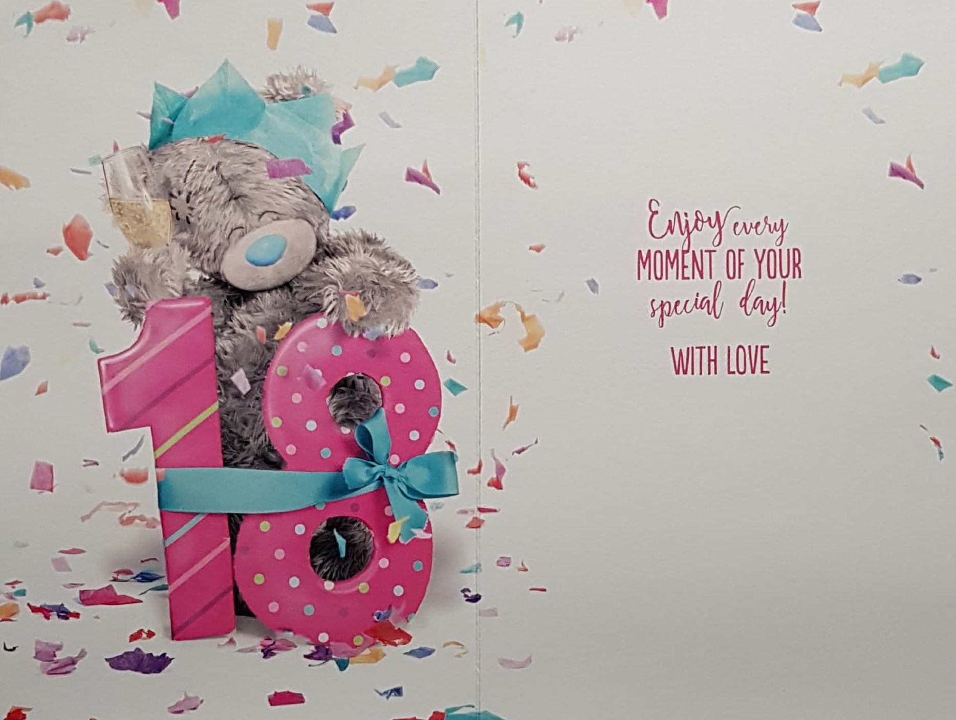 Age 18 Birthday Card - Teddy Holding Champagne, Confetti & Pink No. 18