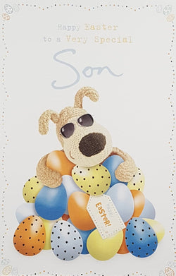 Easter Card - Son / A Knitted Dog Wearing Sunglasses In Pile Of Easter Eggs