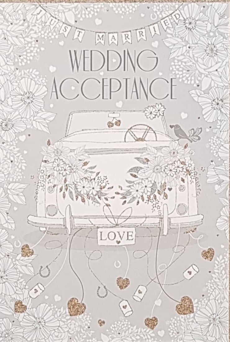 Wedding Card - Invitation Response / White Flowers & Wedding Car (Acceptance)