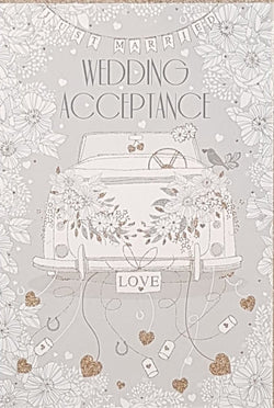 Wedding Card - Invitation Response / White Flowers & Wedding Car (Acceptance)