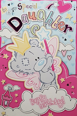 Birthday Card - Daughter / Cutie Fairy Teddy With Pink Wings Holding A Wand