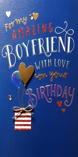Birthday Card - Boyfriend / Gold & Silver Hearts On Blue Front