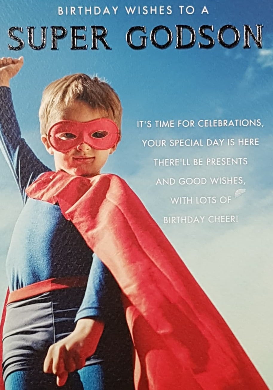 Birthday Card - Godson / A Boy Wearing A Super Hero Costume