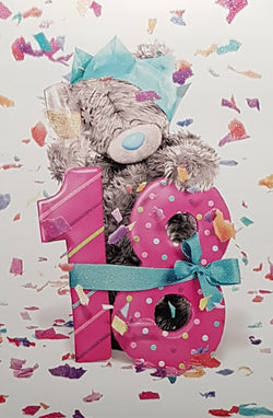Age 18 Birthday Card - Teddy Holding Champagne, Confetti & Pink No. 18