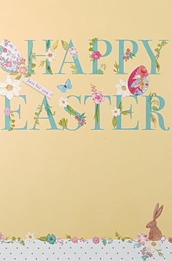 Easter Card - Traditional / Floral Eggs And A Brown Bunny On A Yellow Front