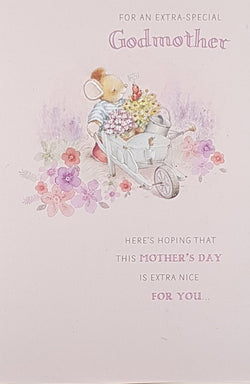 Godmother Mothers Day Card - A Lovely Mouse & Two Pots Of Flowers