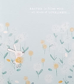 Easter Card - A Cute White Bunny Rabbit Surrounded By Dandelions