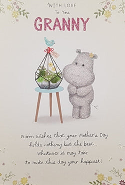Granny Mothers Day Card - Cute Hippo & Blue Bird