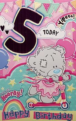 Age 5 Birthday Card - Cute Teddy In A Pink Dress Riding A Scooter