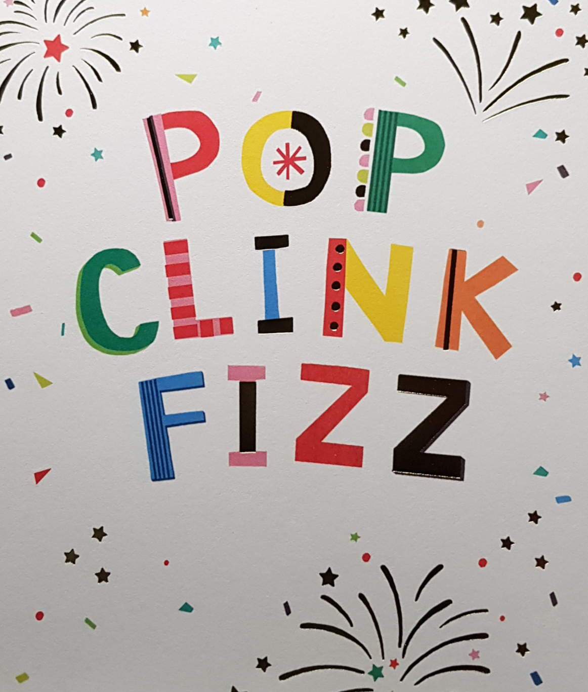 New Year Card - 'Pop Clink Fizz' & Cute Firework Illustrations