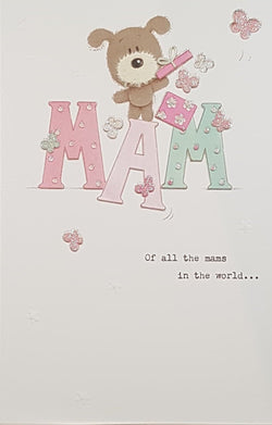 Mam Mothers Day Card - Teddy Jumping On The Letter 'A' & Of All The Mams In The World...