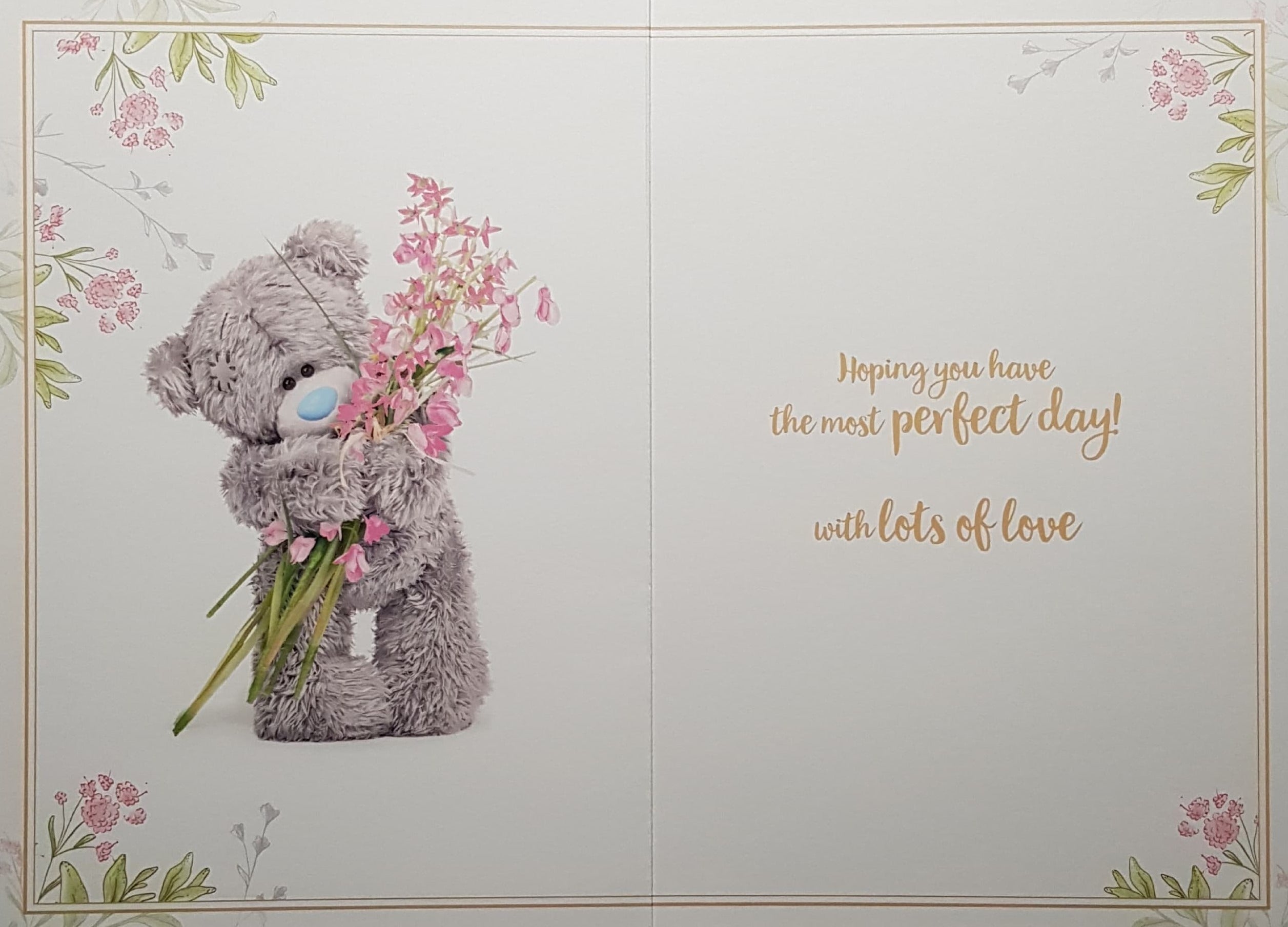 Birthday Card - Fluffy Teddy Bear Holding Pink Flowers