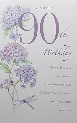 Age 90 Birthday Card - May You Look Back With Pleasure...& Purple Flowers