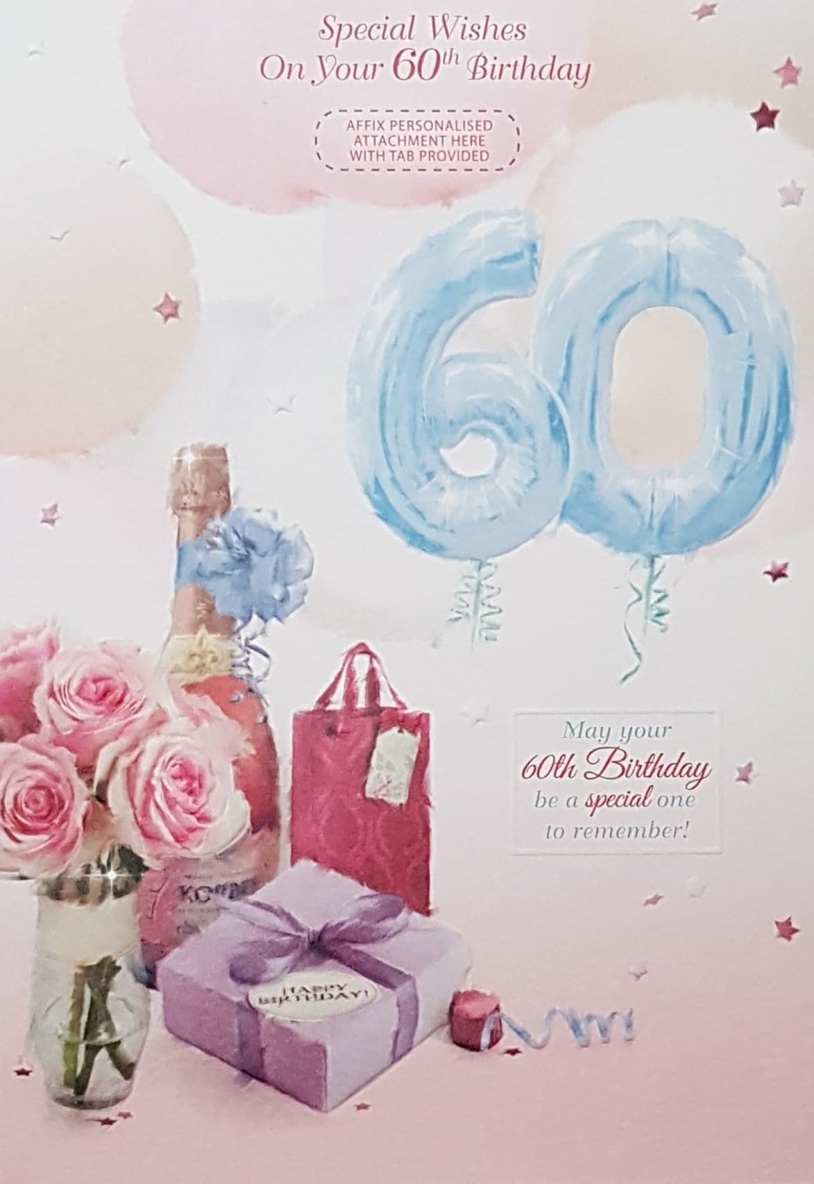 Personalised Card - Age 60 Birthday / A Blue 60 Balloon & Pink Roses In A Vase