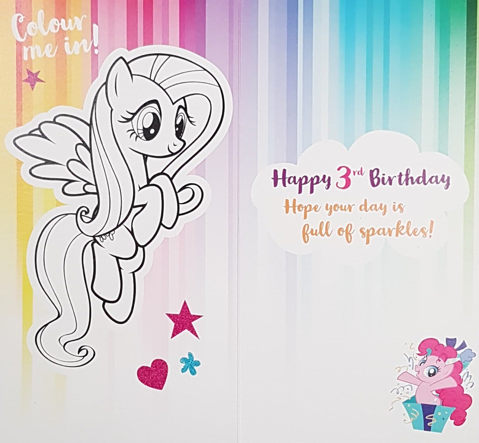 Age 3 Birthday Card - A Cute Pony With Pink Hair & Two Glittery Stars