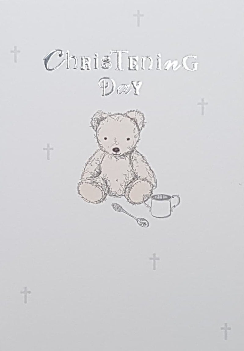 Christening Card - Cute Teddy Bear With A Spoon & A Cup