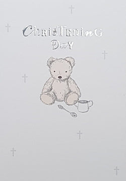 Christening Card - Cute Teddy Bear With A Spoon & A Cup
