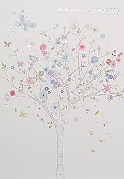 Sympathy Card - With You In Sympathy / A Pretty Tree With Pink & Blue Flowers
