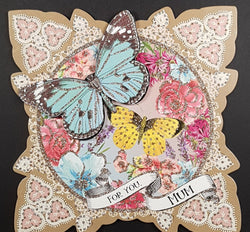 Mum Mothers Day Card - Blue & Yellow Butterflies & Gold Pattern Border