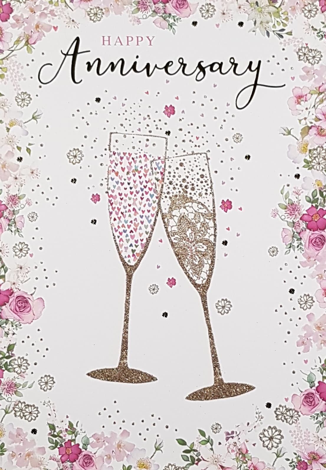 Anniversary Card - General / Two Champagne Glasses & A Pink Floral Border