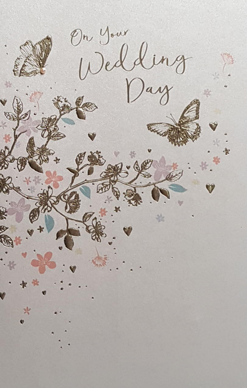 Wedding Card - Gold Butterflies & Leaves