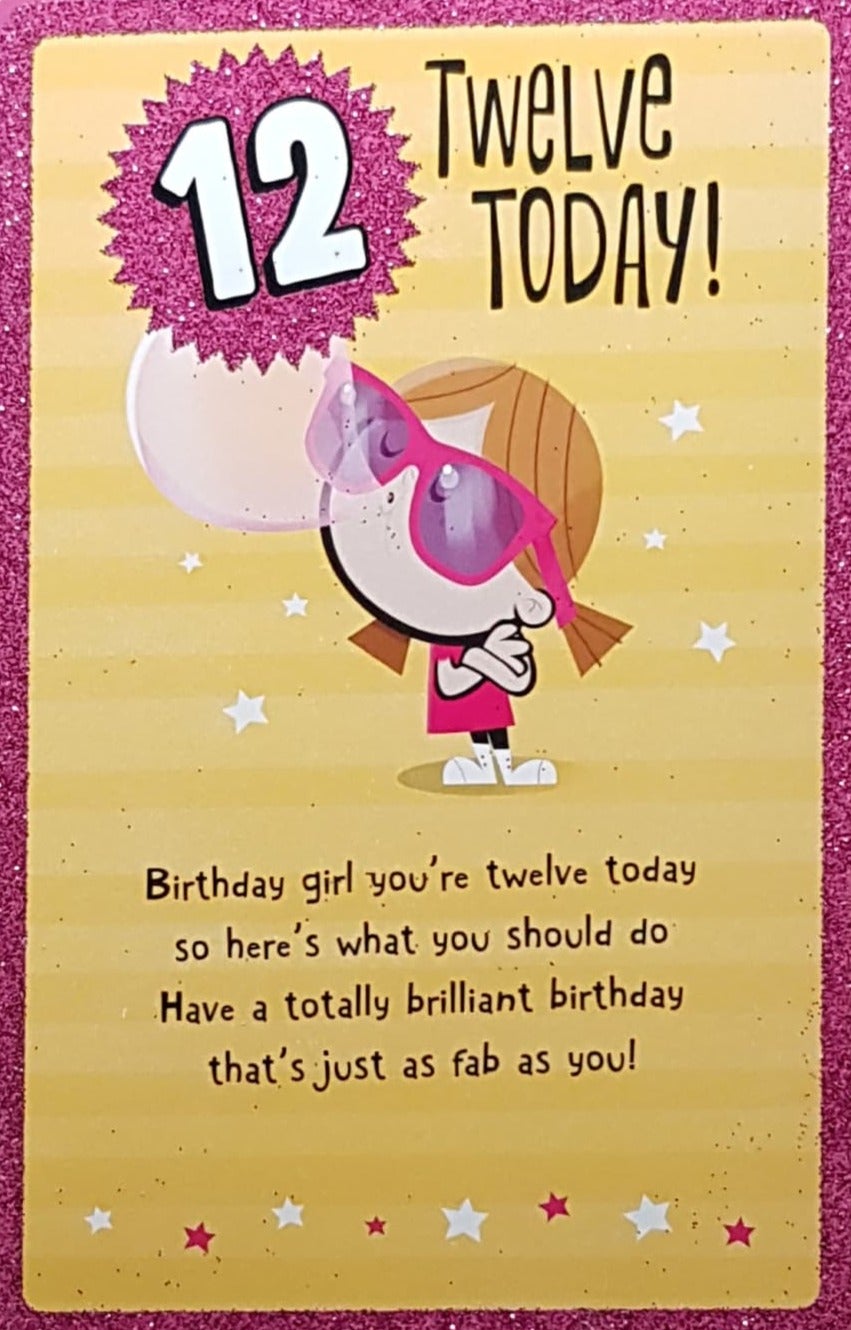Age 12 Birthday Card - Girl Wearing Sunglasses Blowing Bubblegum