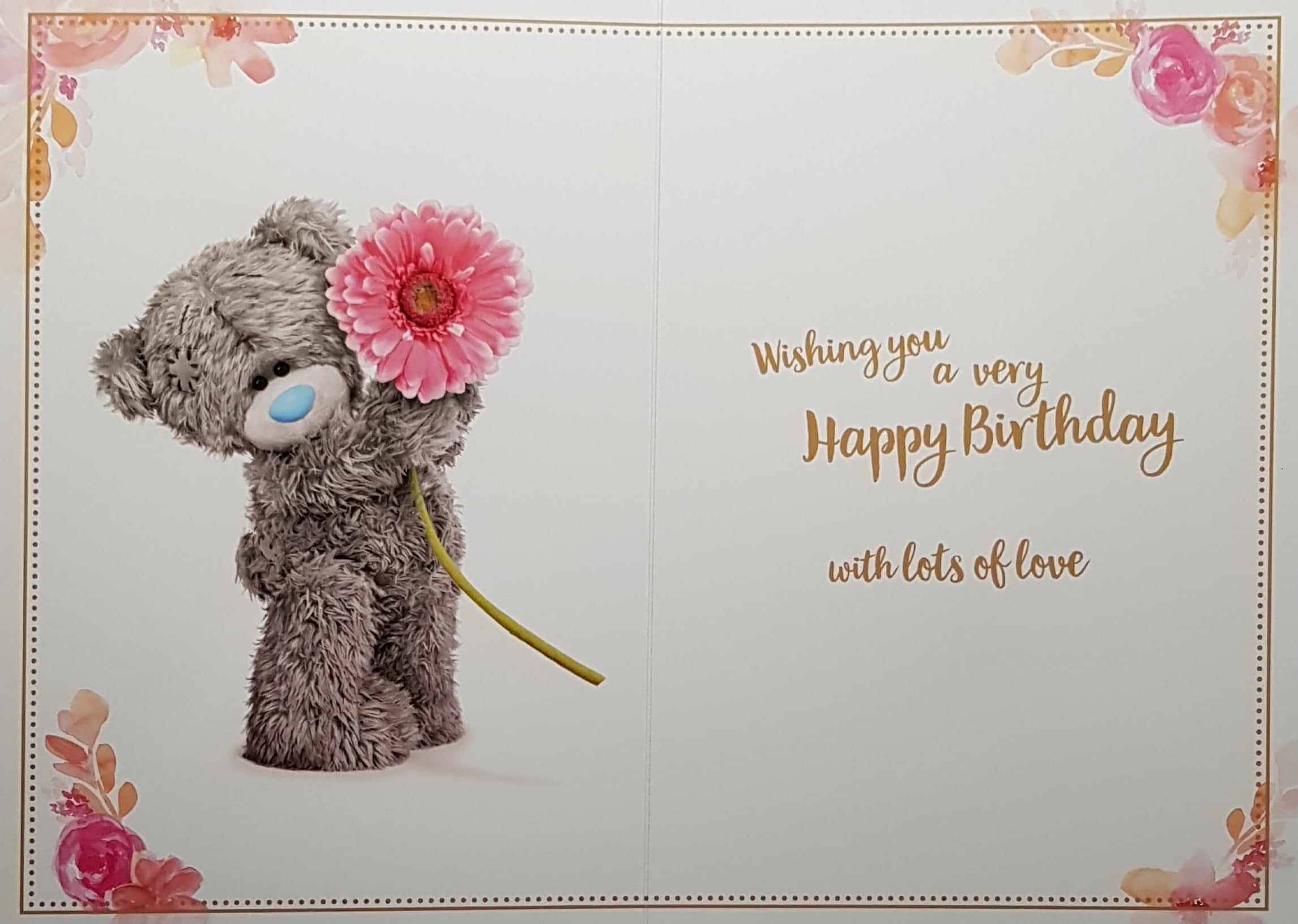 Birthday Card - Daughter / Fluffy Teddy Bear Holding Up A Pink Flower (3D Card)