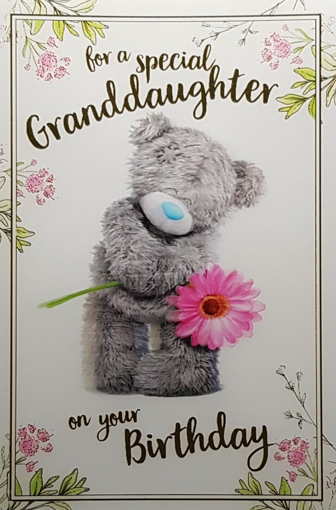 Birthday Card - Granddaughter / Cute Teddy Holding A Large Pink Flower (3D Card)